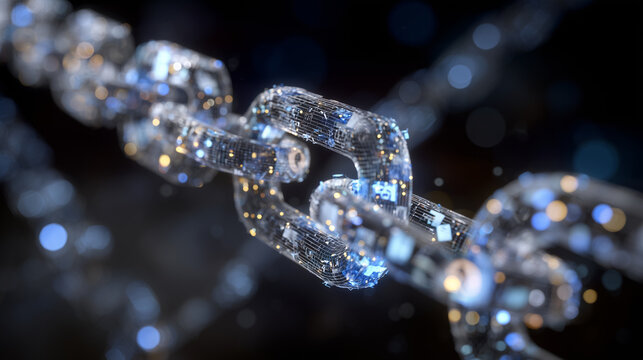 3D render of interconnected financial data cubes forming a blockchain chain, with holographic icons for security, transparency, and efficiency