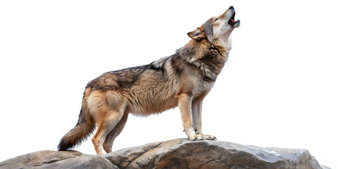 Gray wolf howling while standing on a rock isolated on transparent background
