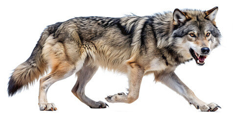 Gray wolf walking isolated on transparent background with mouth slightly open