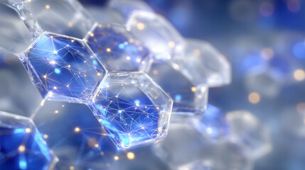 Close-up view of a geometric hexagonal array in vibrant blue, soft reflections on surfaces, transparent schematic overlay illustrating network pathways