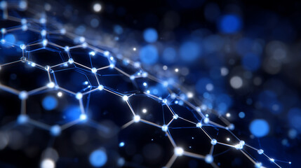 Macro shot of blue hexagonal pieces arranged in a honeycomb pattern, dark backdrop with luminous lines and nodes showing their interconnected network structure