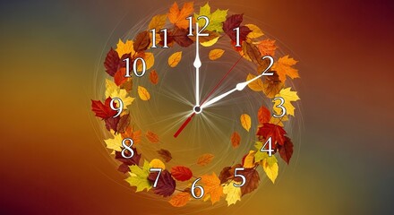 A clock face, with the hands moving fast (motion blur). The numbers are replaced by autumn leaves