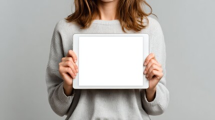 Naklejka premium Mockup image of a woman holding digital tablet with blank white desktop screen, no logos, no brands