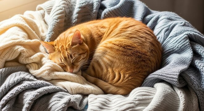 A cat sleeping peacefully on a pile of soft, knitted sweaters by a window. Outside, the weather is grey and cold.