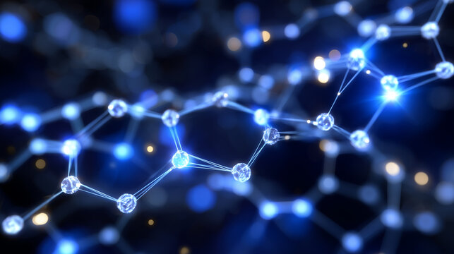 Close-up of a hexagonal lattice in rich blue tones, dark background emphasizing depth, translucent network overlay connecting each node with glowing lines