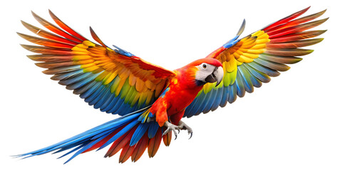 Scarlet macaw flying isolated on transparent background with wings spread wide