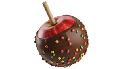 Delicious dark chocolate covered candy apple with colorful sprinkles and a wooden stick isolated on transparent background