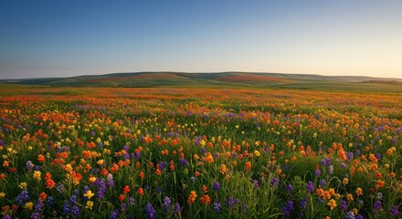 Fototapeta premium A wide, sweeping vista of colorful wildflowers blooming profusely across rolling hills under a bright, clear sky during the spring season, idyllic, environment, agriculture