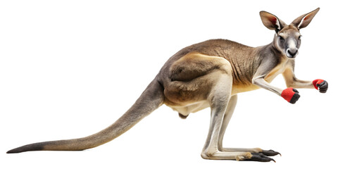 Kangaroo with boxing gloves isolated on transparent background, ready to fight