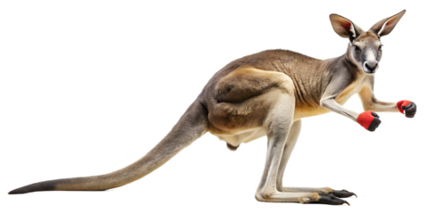Kangaroo with boxing gloves isolated on transparent background, ready to fight