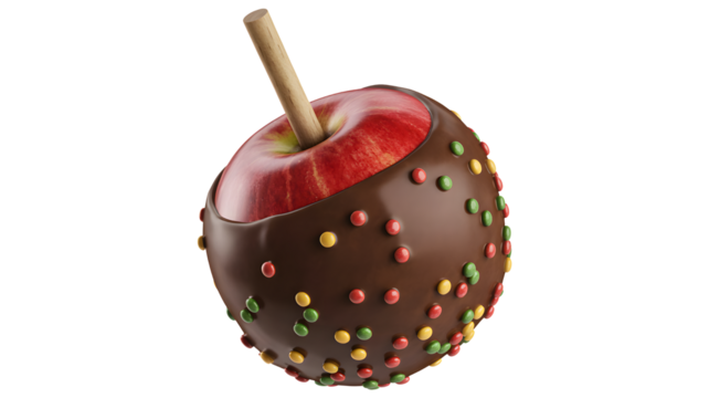 Delicious dark chocolate covered candy apple with colorful sprinkles and a wooden stick isolated on transparent background