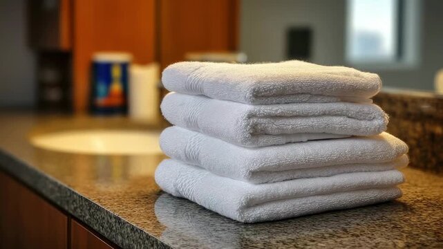 Stack of four white neatly folded towels on a reflective bathroom counter next to a blurred sink and wooden cabinetry