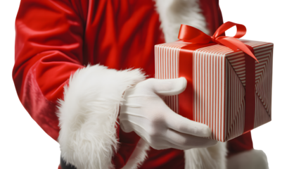 Close up of santa claus wearing his red suit and white gloves holding a festive gift box with a red ribbon isolated on transparent background