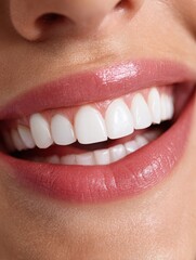Naklejka premium Perfect white teeth veneer smile close up, female winner smile, dental care and stomatology, dentistry. Smiling woman mouth with great white teeth