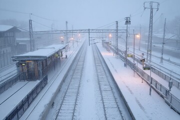 Fototapeta premium Heavy snow blankets the tracks and platform of a train station during the early morning hours. Dim lights illuminate the scene, creating a serene winter atmosphere