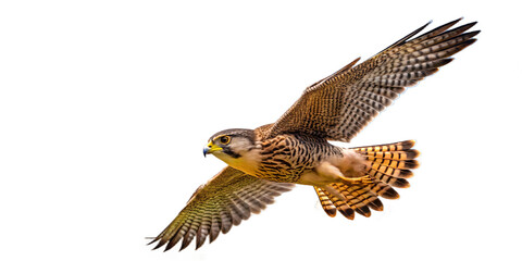 American kestrel flying isolated on transparent background in a studio shot
