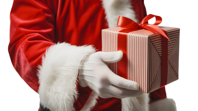 Close up of santa claus wearing his red suit and white gloves holding a festive gift box with a red ribbon isolated on transparent background