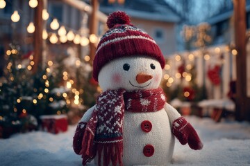 A cheerful snowman dressed in a red scarf and hat stands in a snowy outdoor setting. The background is filled with colorful lights and holiday decorations, creating a festive atmosphere