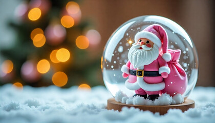 Whimsical Pink Santa in Snow Globe with Glowing Holiday Lights