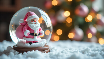 Cheerful Santa in Pink Suit Inside Snow Globe with Christmas Tree Glow