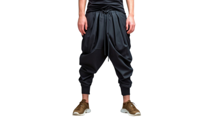 PNG of Male model showcasing stylish dark joggers with a relaxed fit, complemented by casual sneakers.