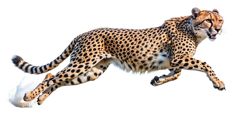 Cheetah running isolated on transparent background in full speed, side view
