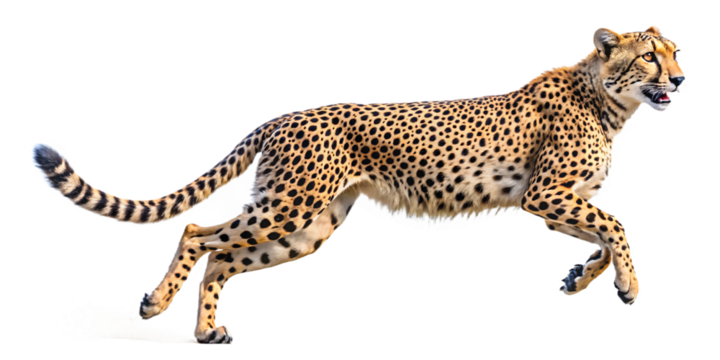 Cheetah running isolated on transparent background, with spots and a long tail