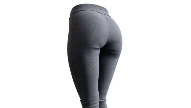 PNG of A close-up view of a woman's backside in tight-fitting grey leggings, showcasing a sleek and modern look.