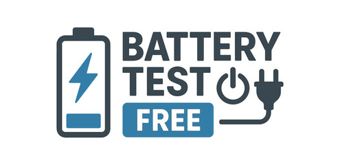 Flat vector banner design text BATTERY TEST FREE supporting icons of battery power symbol and plug gray and blue tones
