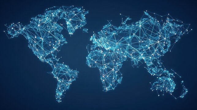 Polygon world map with blockchain technology peer to peer network on blue background. Network, p2p business, e-commerce, bitcoin trading and global cryptocurrency blockchain business banner concept.,