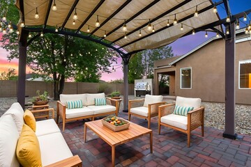 A patio with a couch, chairs, and a coffee table under a canopy