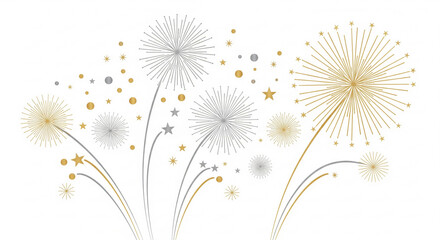 Obraz premium Transparent background with isolated party horns with gold stripes and gold confetti, streamers, and stars falling from the sky. Celebration and congratulatory background.