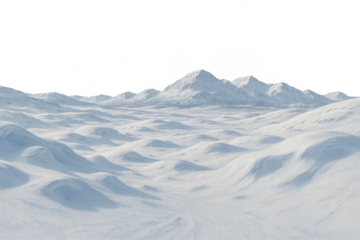 Snow landscape with mountain range, winter arctic environment on transparent background, cold weather nature scene
