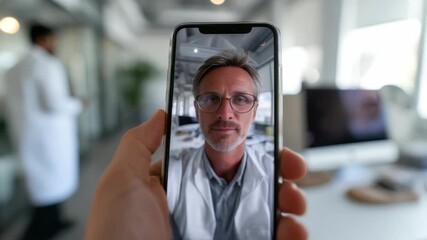 Professional male doctor with gray hair, glasses appears on smartphone screen during video call in well lit office. Highlights telehealth, digital communication, modern medical services - Powered by Adobe