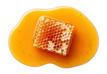 A piece of fresh, golden honeycomb dipped in bright yellow honey, isolated on a transparent surface. Natural sweetness and organic nutrition.