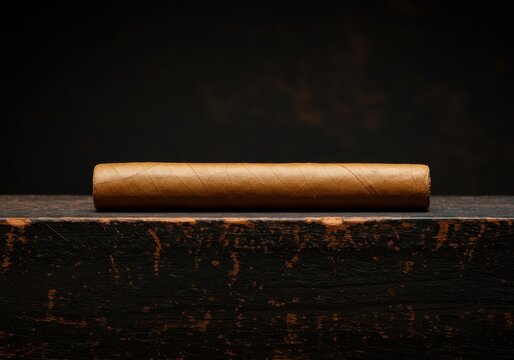 A long, unlit brown tobacco cigar rests horizontally upon a dark, highly textured, rustic background, suggesting contemplation and quality ,leaf, luxurious, closeup