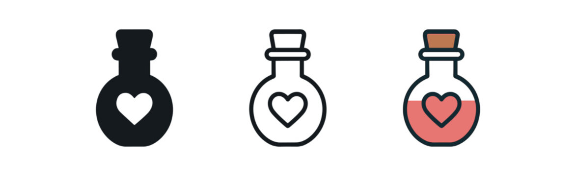 love potion bottle icon on white background Black silhouette flat icon outline icon and colored icon style. 1x3 grid. three minimal vector icon style. centered composition clear white space