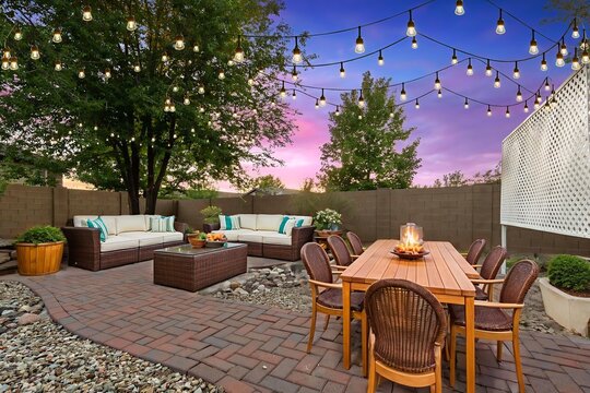 There is an outdoor patio featuring a table, chairs, and a cozy fire pit