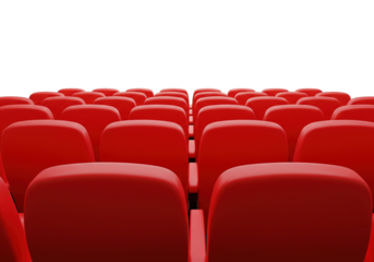 Transparent floor with isolated, empty, arranged red cinema, theater, or conference hall seats. Event venue and audience concept.