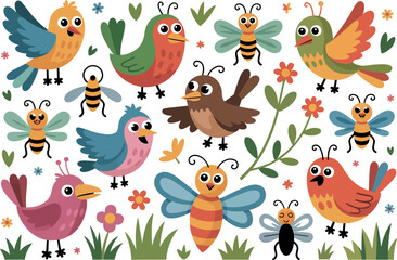 A collection of whimsical cartoon birds and bees with floral elements and grass.