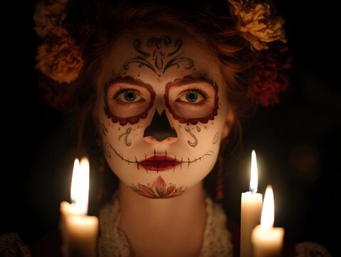 candlelight portrait of woman with dia de los muertos or day of the dead face paint