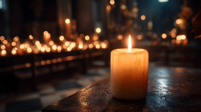 candle burning in cathedral on All saints day religious holiday and religious concept
