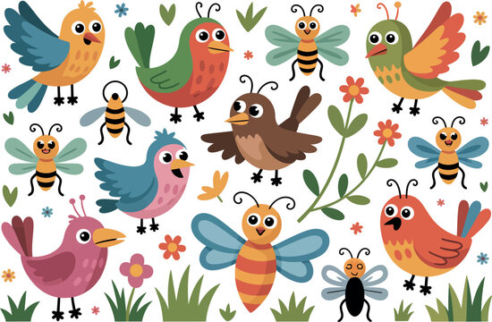 A collection of whimsical cartoon birds and bees with floral elements and grass.