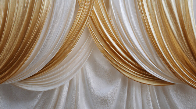 Elegant gold and white fabric draping background for wedding decorations and party backdrops design ideas
