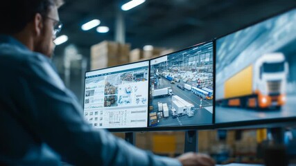 Professional oversees logistics, transportation processes using advanced software in large warehouse environment. Digital tools optimize inventory, shipping, delivery operations for seamless - Powered by Adobe