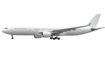 Obraz premium Side view of a white, wide-body passenger aircraft (equivalent to an Airbus A330 / Boeing 777) with landing gear extended, isolated on a transparent surface. Aviation, travel.