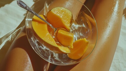 Delicious fresh mango slices served in a glass bowl beside sun-kissed skin on a bright day