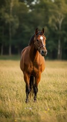 Fototapeta premium Majestic equine standing peacefully in a sun-drenched golden meadow during the peak of the warm season, showcasing natural beauty, tranquil, day, holiday