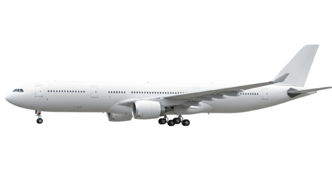 Side view of a white, wide-body passenger aircraft (equivalent to an Airbus A330 / Boeing 777) with landing gear extended, isolated on a transparent surface. Aviation, travel.