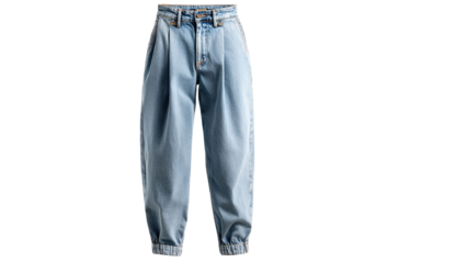 PNG of Stylish unisex blue denim jeans featuring a relaxed fit and pleated design, perfect for casual outings.